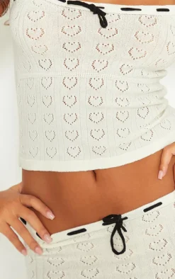 Sale PrettyLittleThing Petite Pointelle Knit Maxi Skirt With Contrast Trim Cream