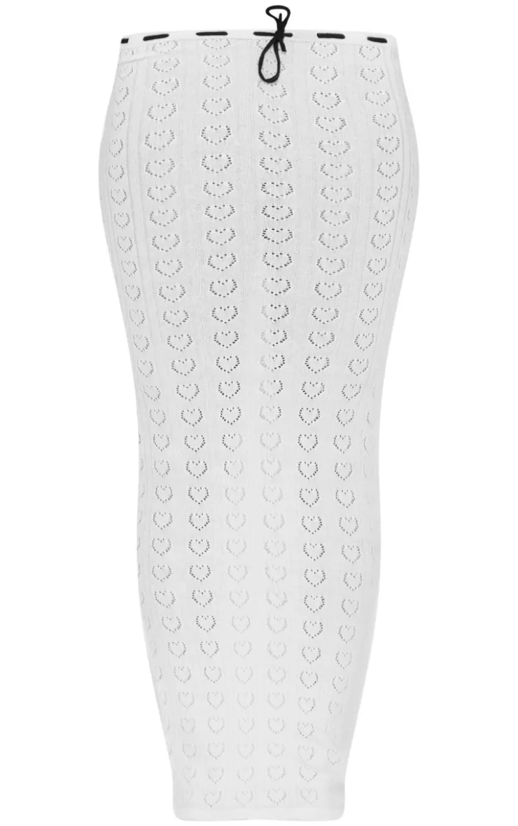 Sale PrettyLittleThing Petite Pointelle Knit Maxi Skirt With Contrast Trim Cream