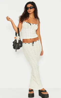 PrettyLittleThing Petite Pointelle Knit Cami Top With Contrast Trim Cream