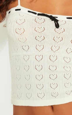 PrettyLittleThing Petite Pointelle Knit Cami Top With Contrast Trim Cream