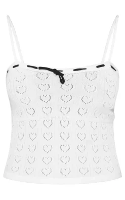 PrettyLittleThing Petite Pointelle Knit Cami Top With Contrast Trim Cream