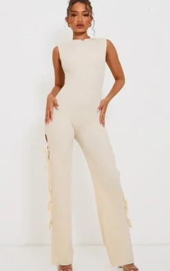Petite Cream Rib Knit Open Back Tie Leg Jumpsuit