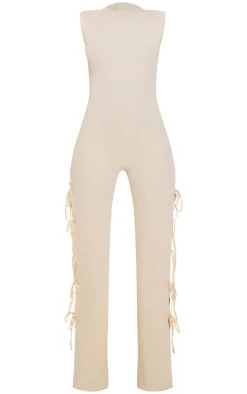 Petite Cream Rib Knit Open Back Tie Leg Jumpsuit