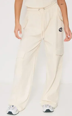 New PrettyLittleThing Petite Ribbed Branded Drawstring Wide Leg Pants Cream