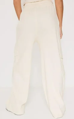 New PrettyLittleThing Petite Ribbed Branded Drawstring Wide Leg Pants Cream