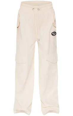 New PrettyLittleThing Petite Ribbed Branded Drawstring Wide Leg Pants Cream