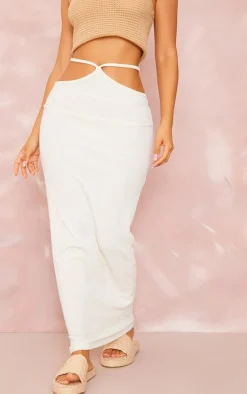 Petite Cream Ribbed Tie Detail Midaxi Skirt