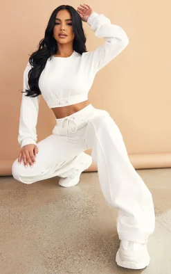 Discount PrettyLittleThing Petite Seam Detail Wide Leg Sweatpants Cream