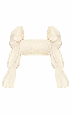 Sale PrettyLittleThing Petite Shirred Puff Sleeve Crop Top Cream