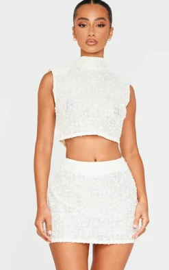 PrettyLittleThing Petite Shoulder Pad Detail Sleeveless Sequin Crop Top Cream