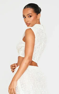 PrettyLittleThing Petite Shoulder Pad Detail Sleeveless Sequin Crop Top Cream