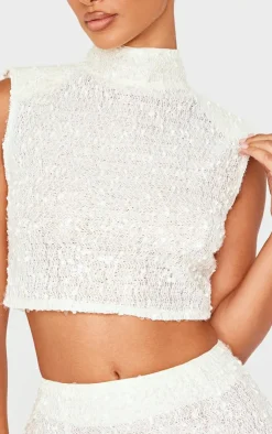 PrettyLittleThing Petite Shoulder Pad Detail Sleeveless Sequin Crop Top Cream