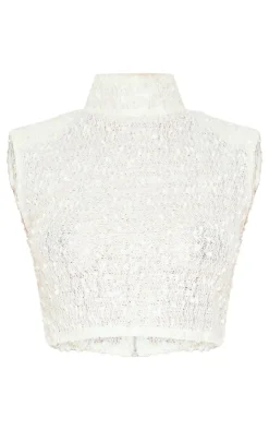 PrettyLittleThing Petite Shoulder Pad Detail Sleeveless Sequin Crop Top Cream