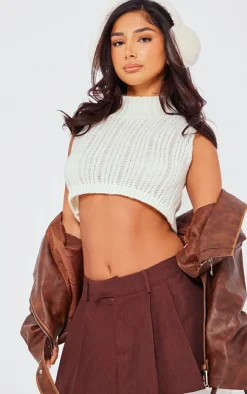 PrettyLittleThing Knitted Tops*Petite Sleeveless Knitted High Neck Crop Top