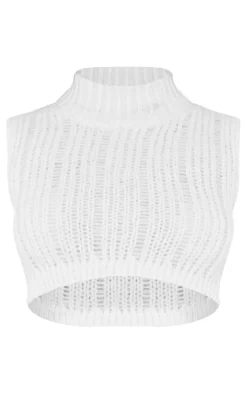 PrettyLittleThing Knitted Tops*Petite Sleeveless Knitted High Neck Crop Top
