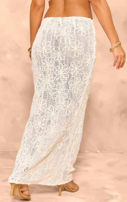Online PrettyLittleThing Petite Textured Low Waist Maxi Skirt Cream