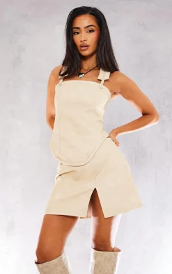 Discount PrettyLittleThing Petite Washed Faux Leather Split Mini Skirt Cream