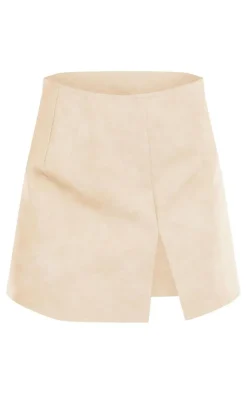 Discount PrettyLittleThing Petite Washed Faux Leather Split Mini Skirt Cream