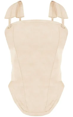 Sale PrettyLittleThing Petite Washed Faux Leather Curved Hem Corset Top Cream