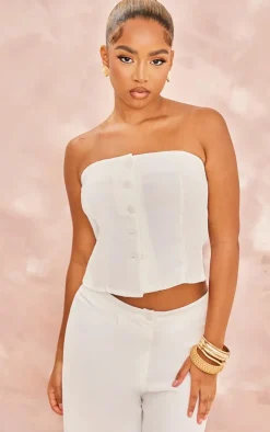 Sale PrettyLittleThing Petite Woven Button Bandeau Top Cream