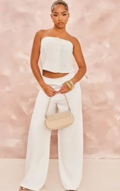 Sale PrettyLittleThing Petite Woven Button Bandeau Top Cream