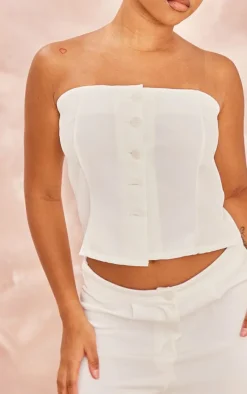Sale PrettyLittleThing Petite Woven Button Bandeau Top Cream