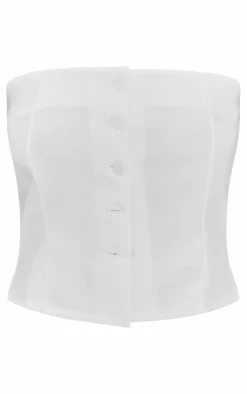 Sale PrettyLittleThing Petite Woven Button Bandeau Top Cream