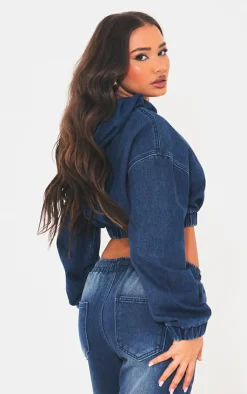 Best PrettyLittleThing Petite Denim Cropped Hoodie Dark Blue