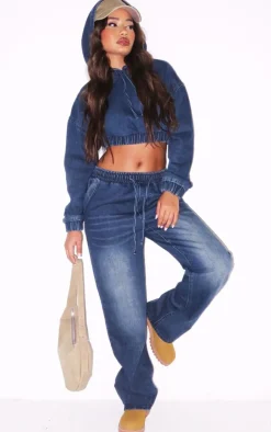 Best PrettyLittleThing Petite Denim Cropped Hoodie Dark Blue