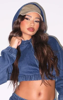 Best PrettyLittleThing Petite Denim Cropped Hoodie Dark Blue