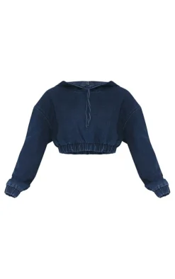 Best PrettyLittleThing Petite Denim Cropped Hoodie Dark Blue