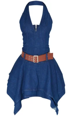Petite Denim Halterneck Fitted Mini Dress-PrettyLittleThing Hot