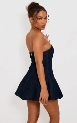 Petite Denim Puffball Mini Dress-PrettyLittleThing Online