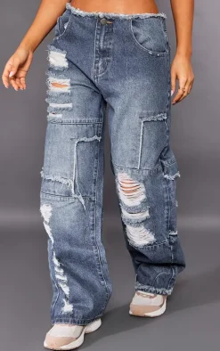Petite Dark Blue Wash Distressed Patchwork Detail Jeans
