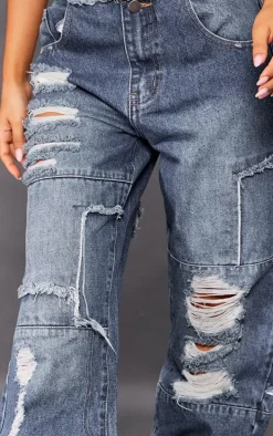 Petite Dark Blue Wash Distressed Patchwork Detail Jeans