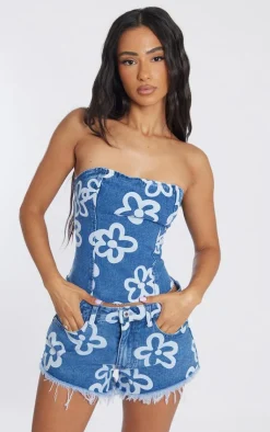 PrettyLittleThing Petite Floral Print Denim Corset Top Dark Blue Wash