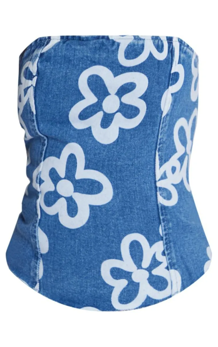 PrettyLittleThing Petite Floral Print Denim Corset Top Dark Blue Wash