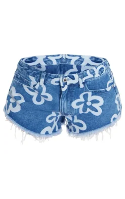 Discount PrettyLittleThing Petite Floral Print Denim Shorts Dark Blue Wash