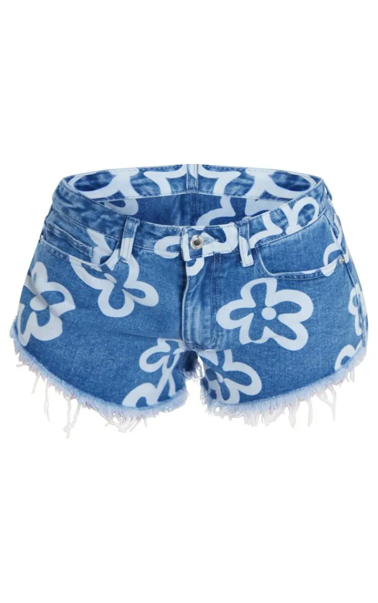 Discount PrettyLittleThing Petite Floral Print Denim Shorts Dark Blue Wash