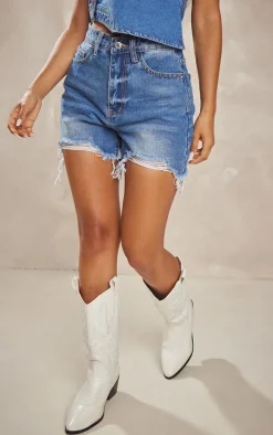 Petite Dark Blue Wash Ripped Denim Shorts