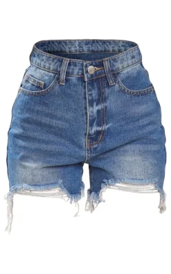 Petite Dark Blue Wash Ripped Denim Shorts