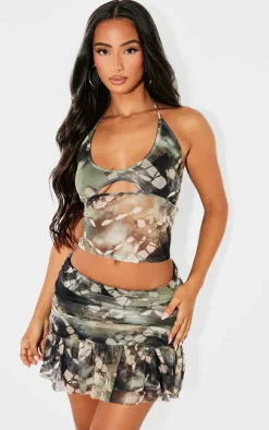 Online PrettyLittleThing Petite Printed Mesh Ruffle Mini Skirt Dark Green