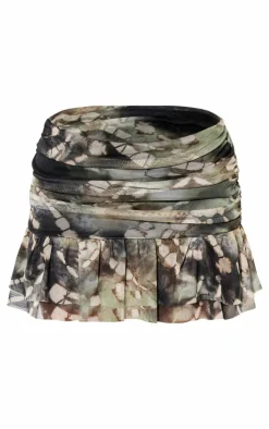 Online PrettyLittleThing Petite Printed Mesh Ruffle Mini Skirt Dark Green
