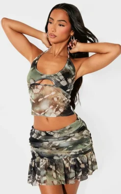Online PrettyLittleThing Petite Printed Mesh Halterneck Crop Top Dark Green