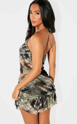 Online PrettyLittleThing Petite Printed Mesh Halterneck Crop Top Dark Green