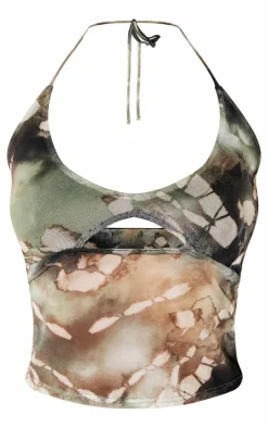 Online PrettyLittleThing Petite Printed Mesh Halterneck Crop Top Dark Green