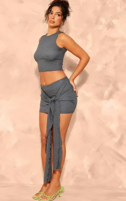 Clearance PrettyLittleThing Petite Textured Tie Front Mini Skirt Dark Grey