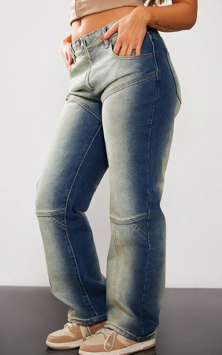 Petite Dark Indigo Washed Ombre Panelled Denim Straight Leg Jeans