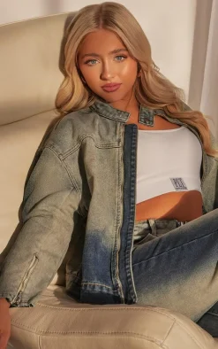 PrettyLittleThing Shirts*Petite Washed Ombre Oversized Denim Shirt