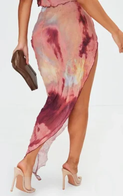 PrettyLittleThing Petite Crushed Mesh Assymetric Hem Midaxi Skirt Dark Pink